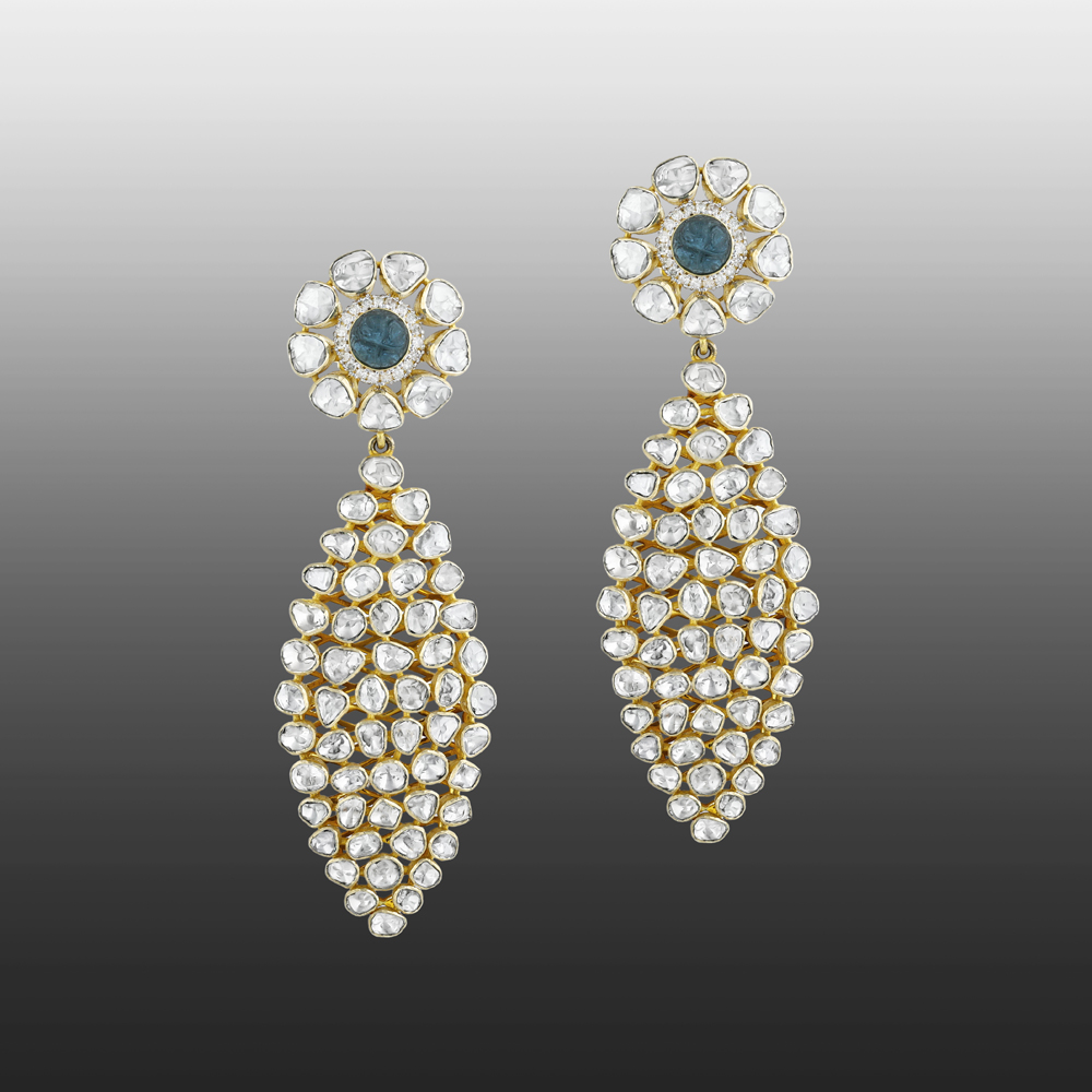 Polki Earrings with Blue Gemstone Center and Uncut Diamonds